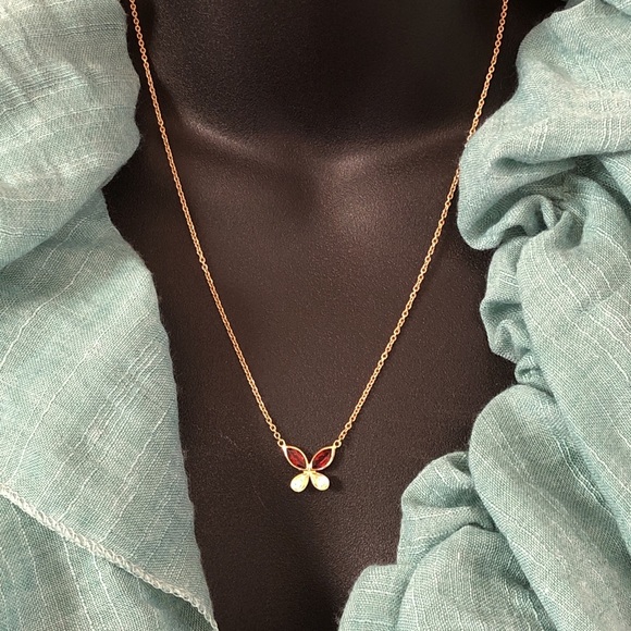 Solid Stamped 14K Yellow Gold Italy Natural Garnet & Diamond Butterfly Necklace - Picture 3 of 16